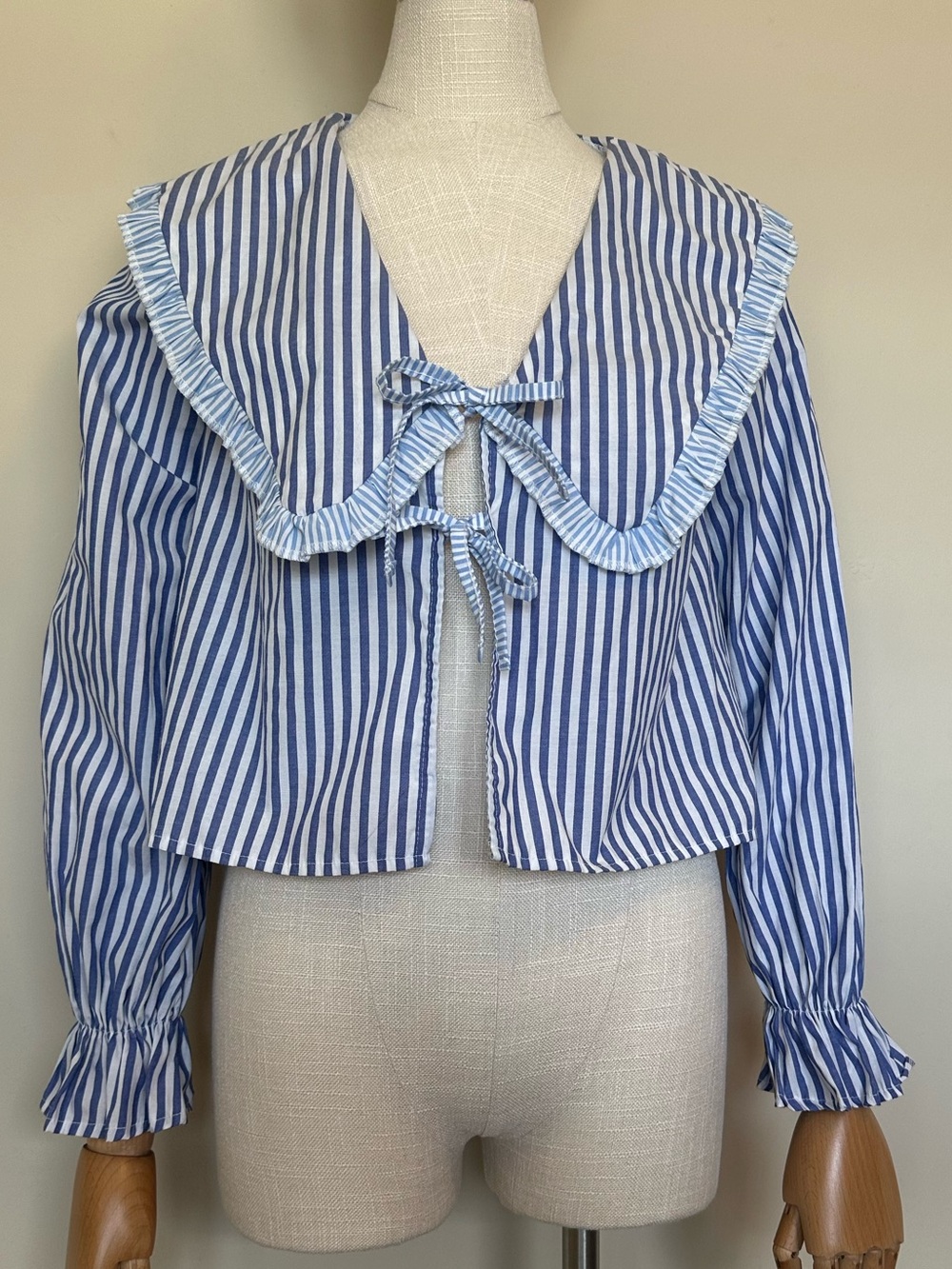 ASOS DESIGN Blue and White Striped Oversized Ruffle Collar Tie-Front Top